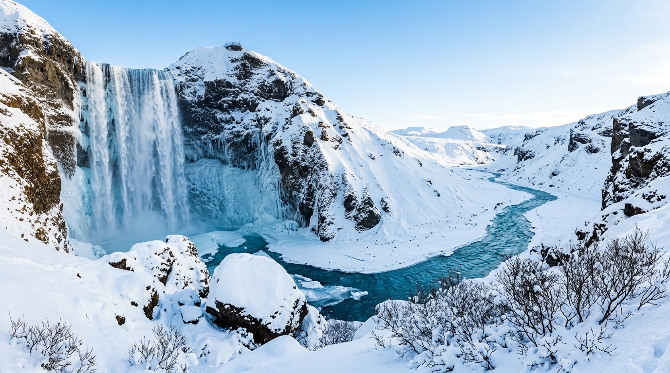 Snow-covered waterfall and glacial blue river