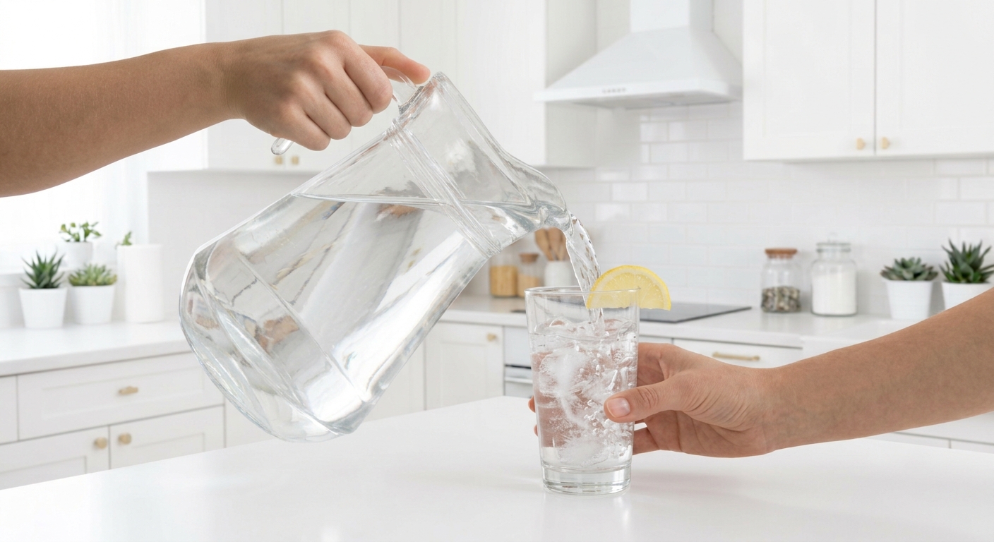Pouring a fresh glass of water in a bright kitchen