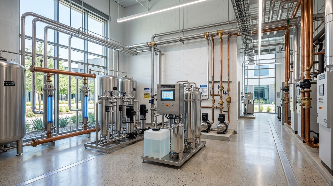 Commercial water treatment system with stainless tanks and copper piping